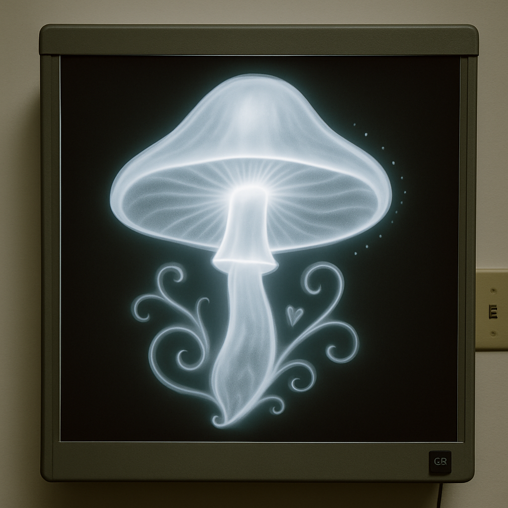 Glowing stylized mushroom radiograph with swirling roots and a heart at the base